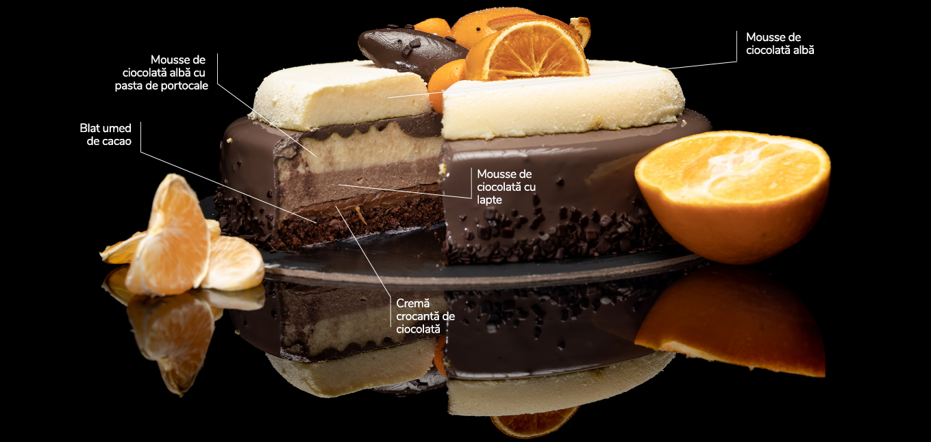 Tort cu ciocolată albă maro cu alb Sweetium Pupici de la două ciocolate cu conținut redus de zahăr cu blat umed de cacao, mousse de ciocolată cu lapte, mousse de ciocolată albă și cremă crocantă de ciocolată.
